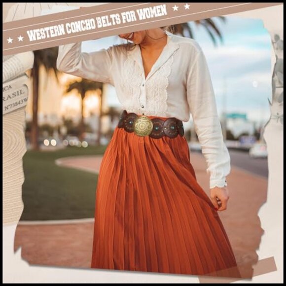 Western PU Leather Belt Wide Waist Boho Cowgirl Concho Buckle Adjustable main image 6
